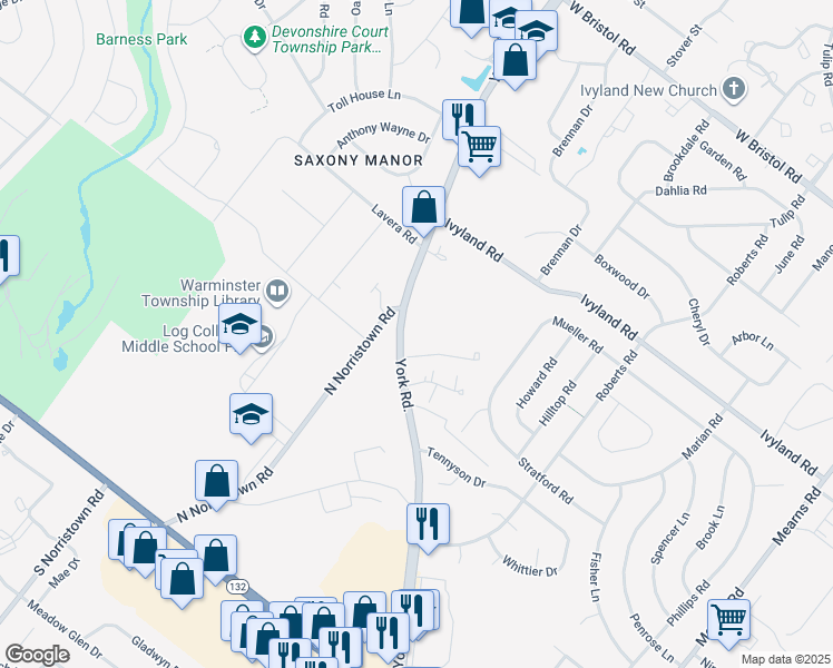 map of restaurants, bars, coffee shops, grocery stores, and more near 945 York Road in Warminster