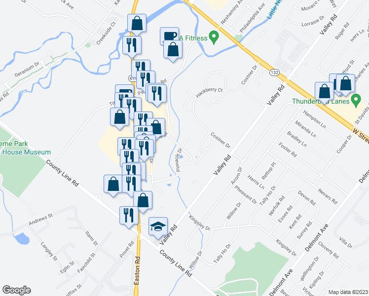 map of restaurants, bars, coffee shops, grocery stores, and more near 1746 Beacon Lane in Warrington