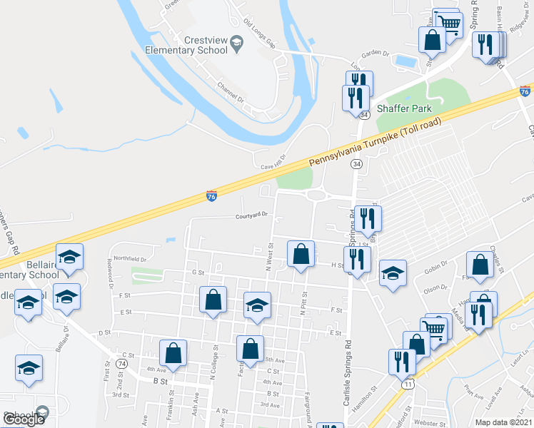 map of restaurants, bars, coffee shops, grocery stores, and more near 23 Courtyard Drive in Carlisle