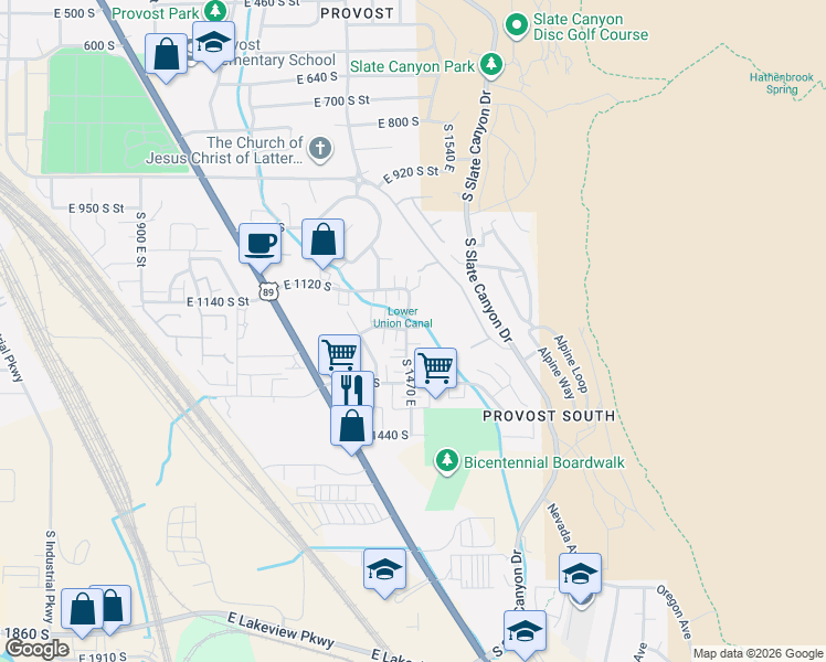 map of restaurants, bars, coffee shops, grocery stores, and more near 1159 South 1450 East in Provo