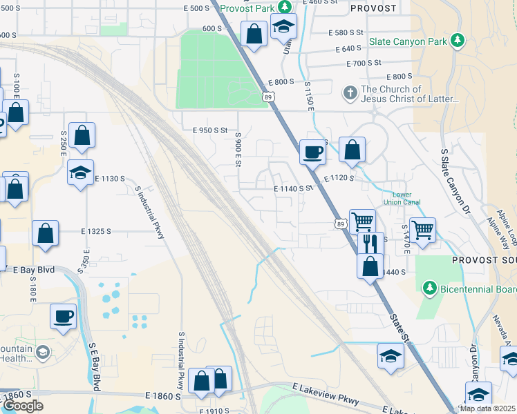 map of restaurants, bars, coffee shops, grocery stores, and more near 975 East 1180 South in Provo