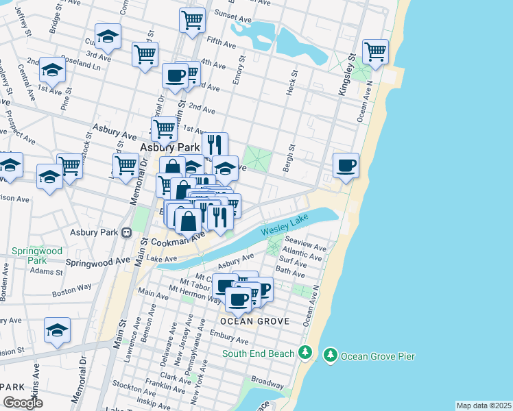 map of restaurants, bars, coffee shops, grocery stores, and more near 410 Sewall Avenue in Asbury Park