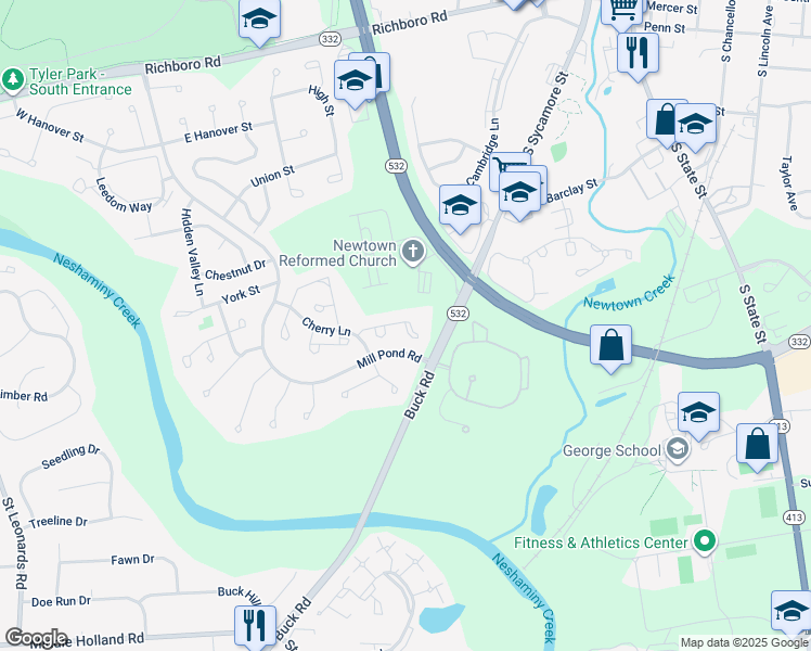 map of restaurants, bars, coffee shops, grocery stores, and more near 74 Hillcroft Way in Newtown