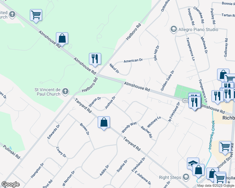map of restaurants, bars, coffee shops, grocery stores, and more near 9 Joshua Drive in Richboro