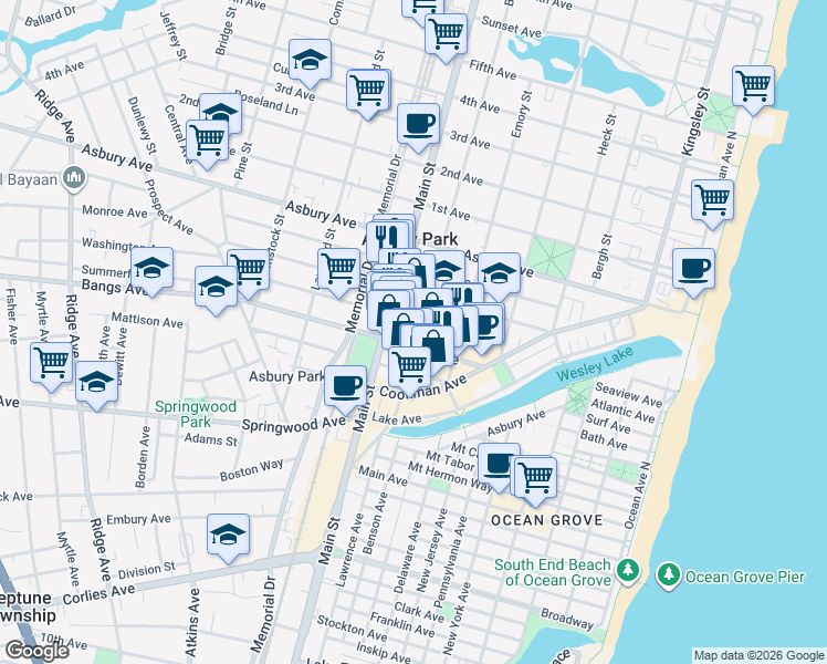 map of restaurants, bars, coffee shops, grocery stores, and more near 413 Bond Street in Asbury Park