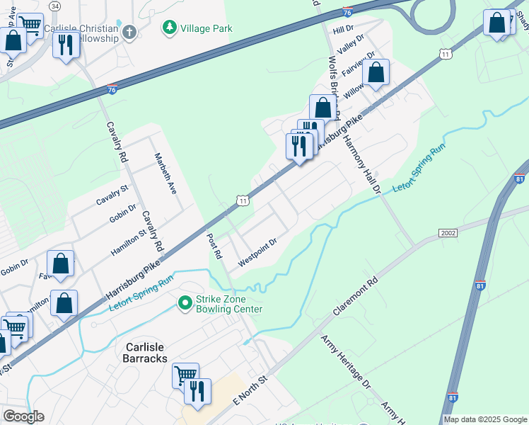 map of restaurants, bars, coffee shops, grocery stores, and more near 436 Eisenhower Drive in Carlisle