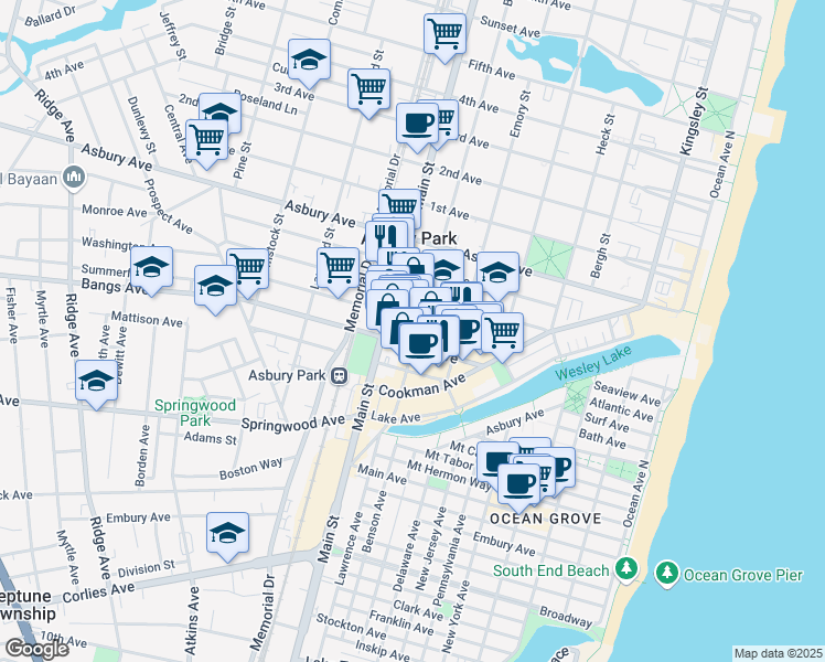 map of restaurants, bars, coffee shops, grocery stores, and more near 413 Bond Street in Asbury Park