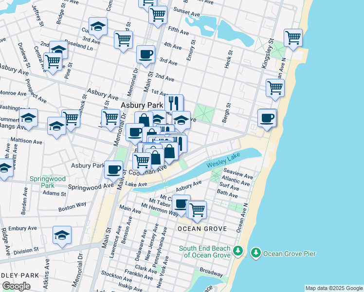 map of restaurants, bars, coffee shops, grocery stores, and more near 501 Grand Avenue in Asbury Park