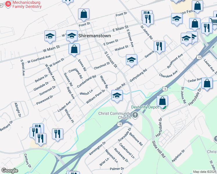 map of restaurants, bars, coffee shops, grocery stores, and more near 100 Cumberland Drive in Camp Hill