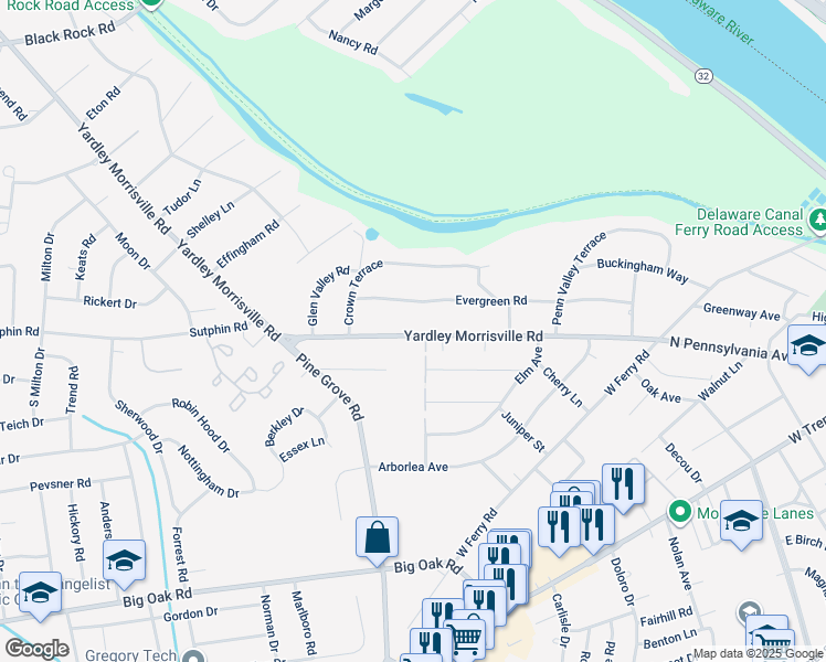 map of restaurants, bars, coffee shops, grocery stores, and more near 1220 Yardley Road in Yardley
