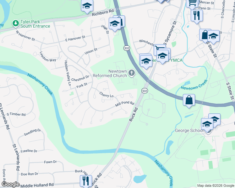 map of restaurants, bars, coffee shops, grocery stores, and more near 14 Hillcroft Way in Newtown