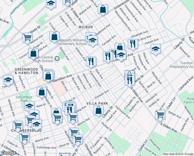 map of restaurants, bars, coffee shops, grocery stores, and more near 870 Park Avenue in Trenton