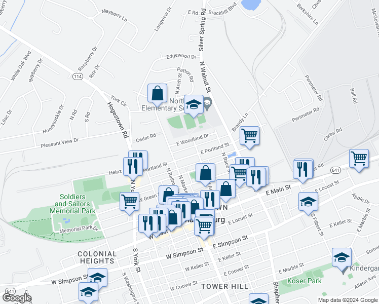 map of restaurants, bars, coffee shops, grocery stores, and more near 21 East Portland Street in Mechanicsburg