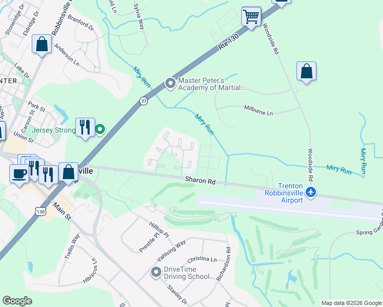 map of restaurants, bars, coffee shops, grocery stores, and more near 25 Emily Court in Robbinsville Township
