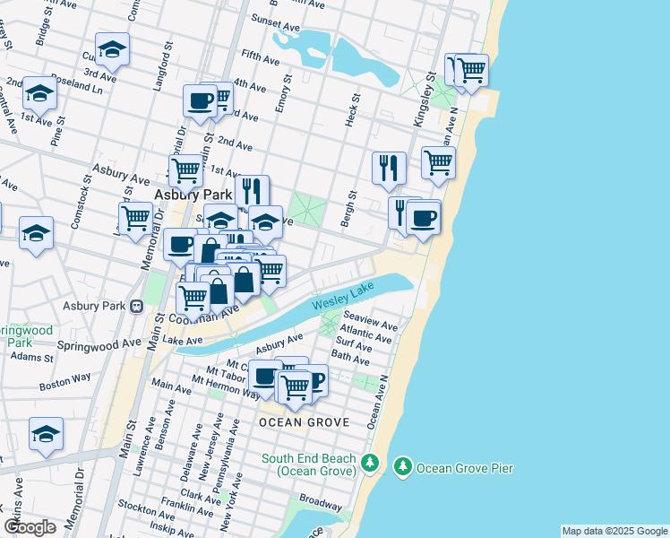 map of restaurants, bars, coffee shops, grocery stores, and more near 319 Cookman Avenue in Asbury Park