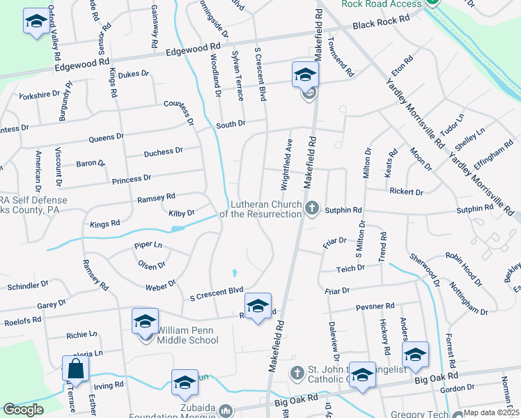 map of restaurants, bars, coffee shops, grocery stores, and more near 1708 South Crescent Boulevard in Yardley