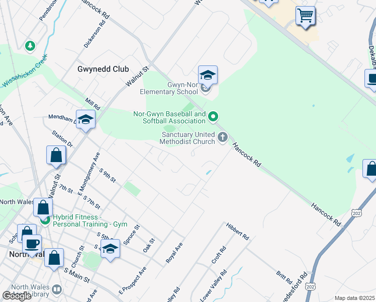 map of restaurants, bars, coffee shops, grocery stores, and more near 469 Sanctuary Court in North Wales