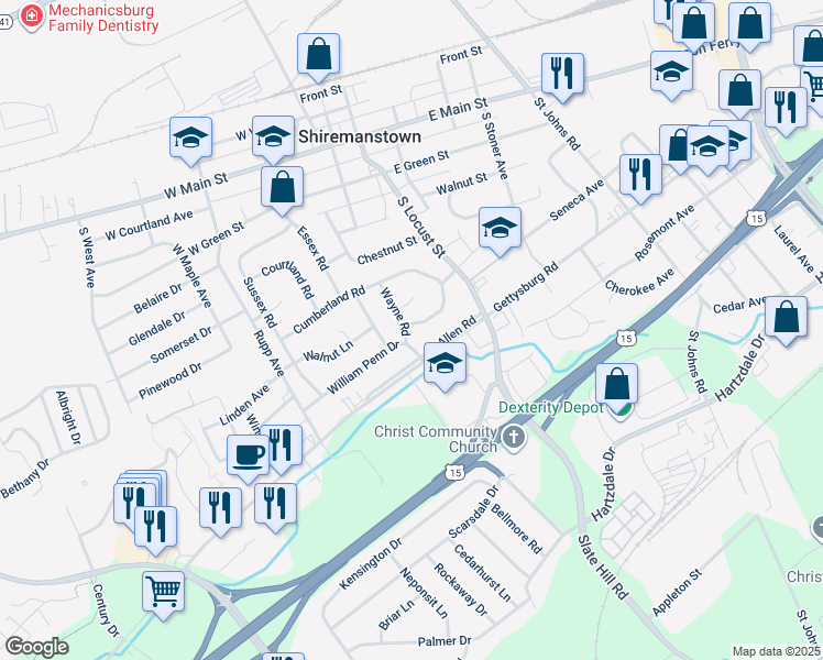 map of restaurants, bars, coffee shops, grocery stores, and more near 100 Cumberland Drive in Camp Hill