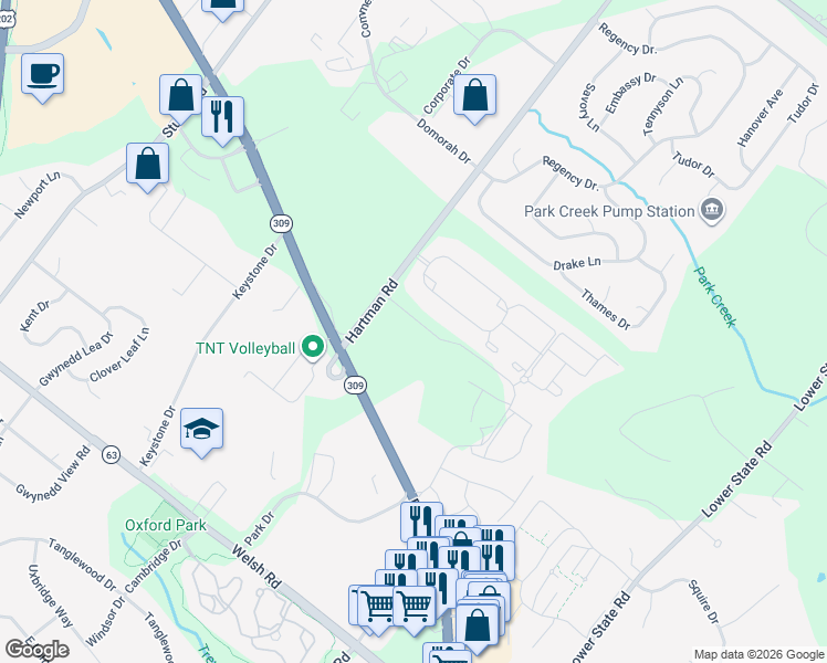 map of restaurants, bars, coffee shops, grocery stores, and more near 814 East Kennedy Road in North Wales