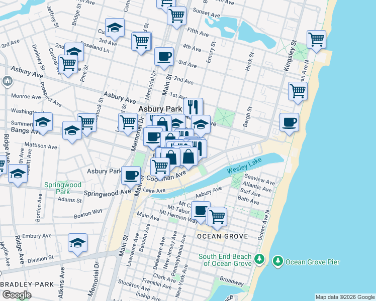 map of restaurants, bars, coffee shops, grocery stores, and more near 600 Monroe Avenue in Asbury Park