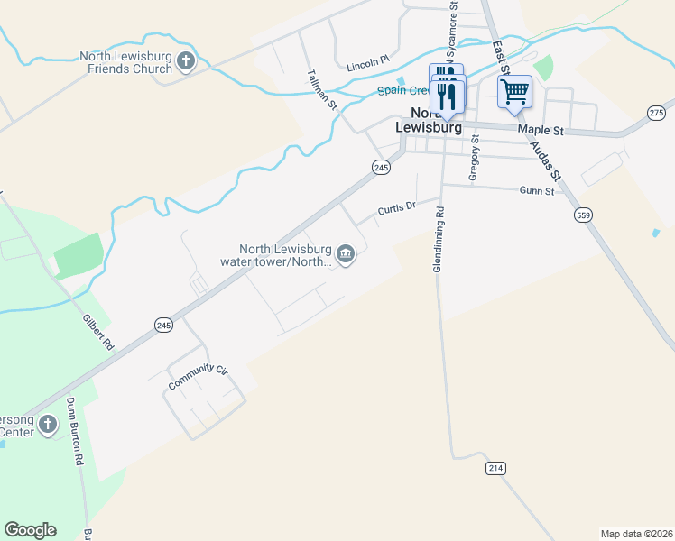 map of restaurants, bars, coffee shops, grocery stores, and more near 9 Dooley Drive in North Lewisburg