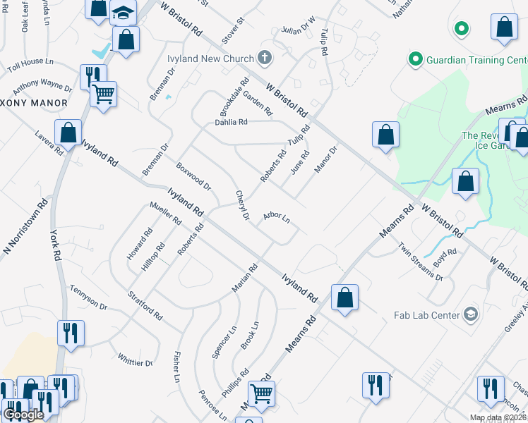 map of restaurants, bars, coffee shops, grocery stores, and more near 683 Arbor Lane in Warminster
