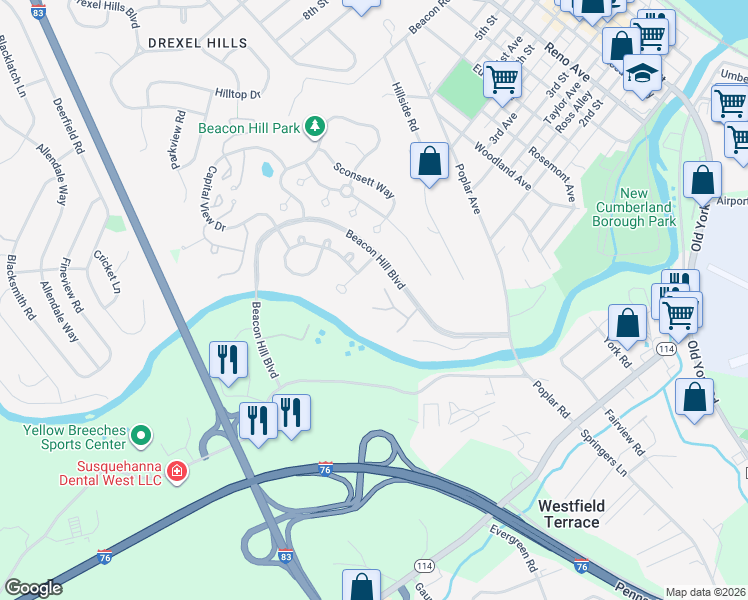 map of restaurants, bars, coffee shops, grocery stores, and more near 1150 Brockton Circle in New Cumberland