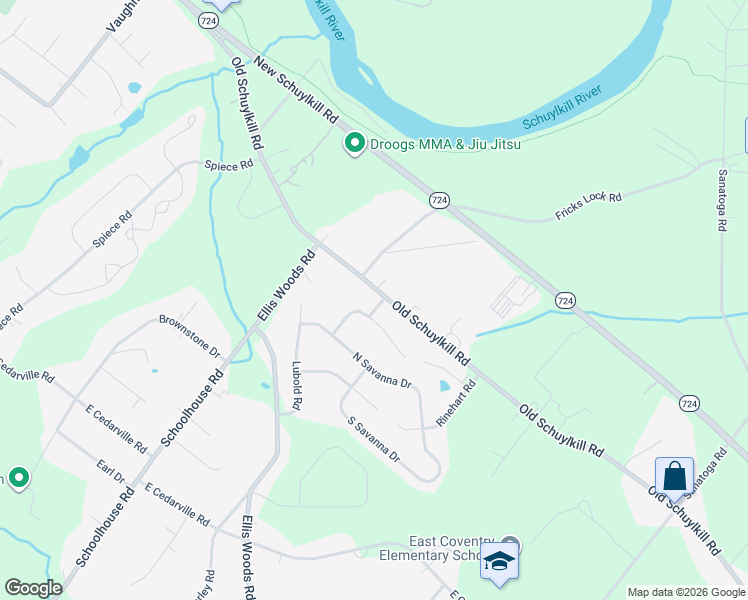 map of restaurants, bars, coffee shops, grocery stores, and more near 443 Old Schuylkill Road in Pottstown