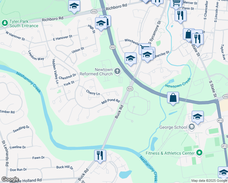 map of restaurants, bars, coffee shops, grocery stores, and more near 104 Hillcroft Way in Newtown