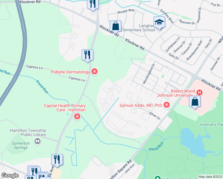 map of restaurants, bars, coffee shops, grocery stores, and more near Cottonwood Drive & Holly Court in Trenton