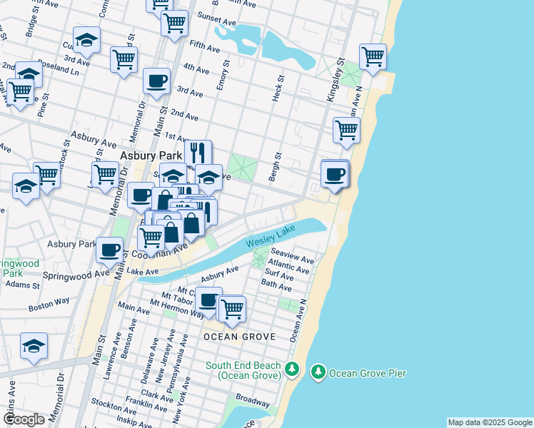 map of restaurants, bars, coffee shops, grocery stores, and more near 300 Cookman Avenue in Asbury Park