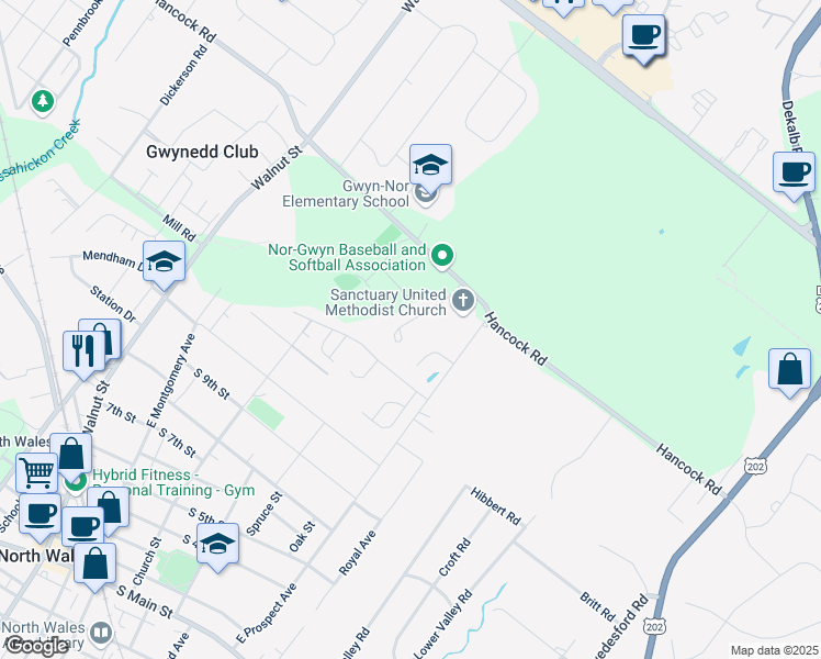 map of restaurants, bars, coffee shops, grocery stores, and more near 446 Sanctuary Court in North Wales