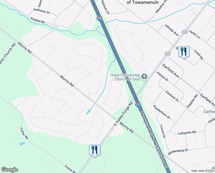 map of restaurants, bars, coffee shops, grocery stores, and more near 2038 Valley View Way in Lansdale