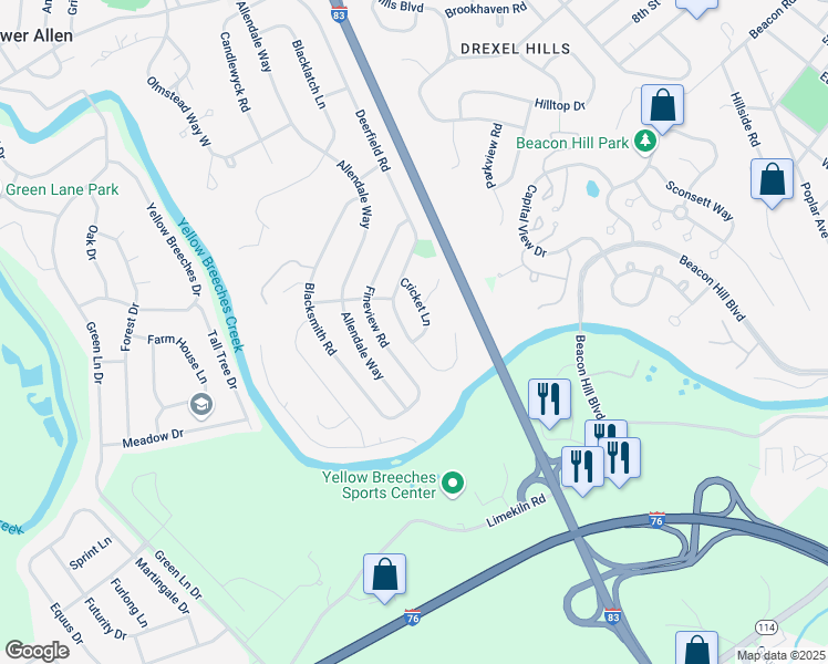 map of restaurants, bars, coffee shops, grocery stores, and more near 132 Cricket Lane in Camp Hill