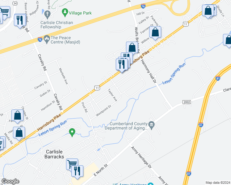 map of restaurants, bars, coffee shops, grocery stores, and more near 501 Taylor Avenue in Carlisle
