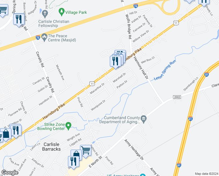 map of restaurants, bars, coffee shops, grocery stores, and more near 501 Taylor Avenue in Carlisle