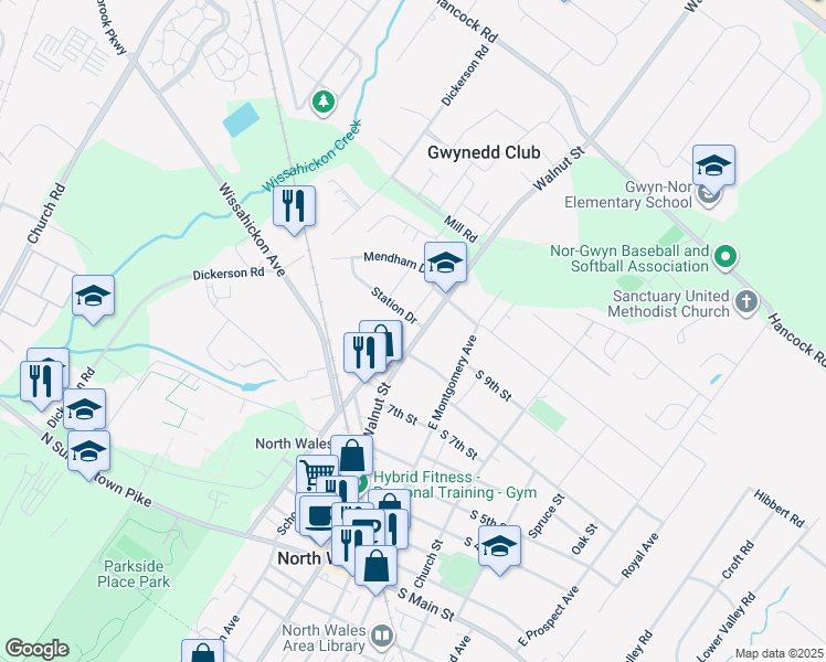 map of restaurants, bars, coffee shops, grocery stores, and more near 102 Station Drive in North Wales