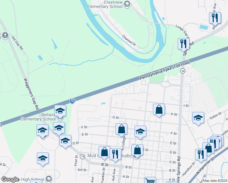 map of restaurants, bars, coffee shops, grocery stores, and more near 101 Courtyard Drive in Carlisle