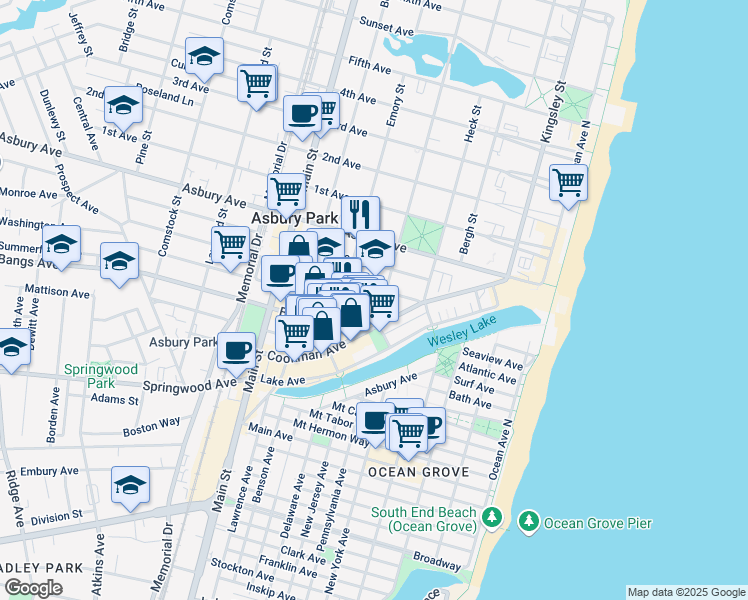 map of restaurants, bars, coffee shops, grocery stores, and more near 508 Monroe Avenue in Asbury Park