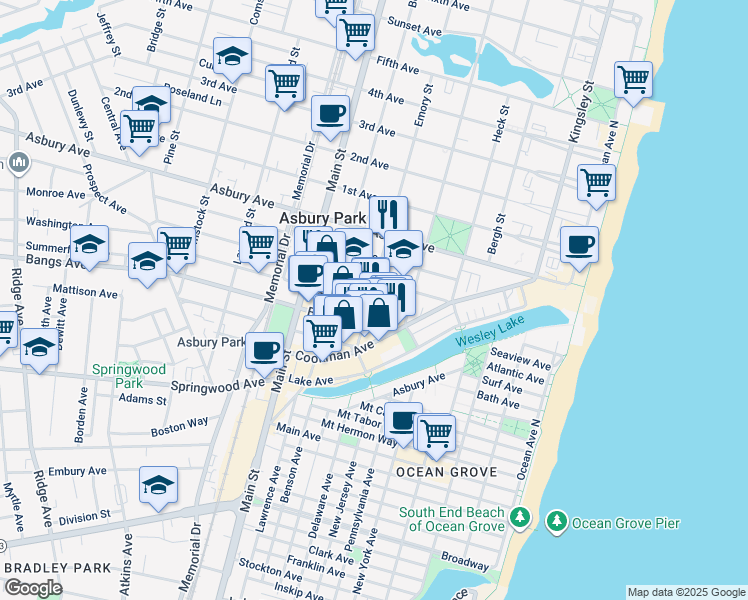 map of restaurants, bars, coffee shops, grocery stores, and more near 600 Monroe Avenue in Asbury Park