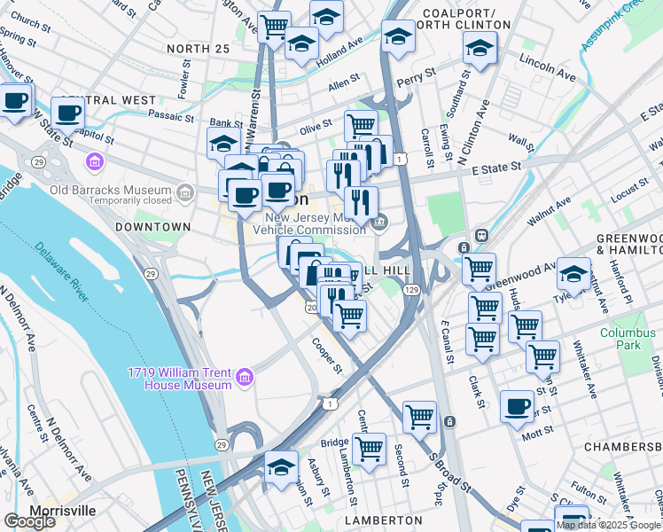 map of restaurants, bars, coffee shops, grocery stores, and more near 126 Mercer Street in Trenton