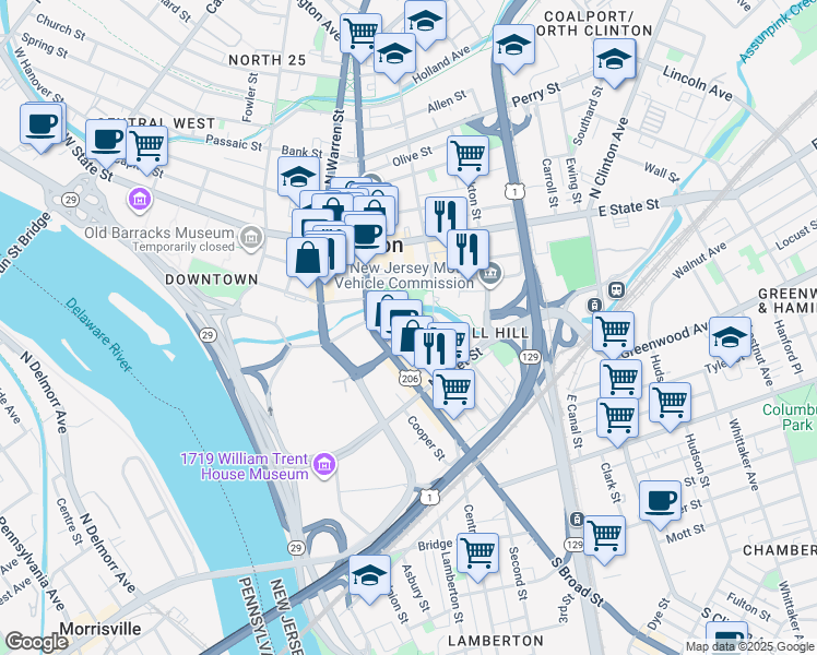 map of restaurants, bars, coffee shops, grocery stores, and more near 83-87 Jackson Street in Trenton