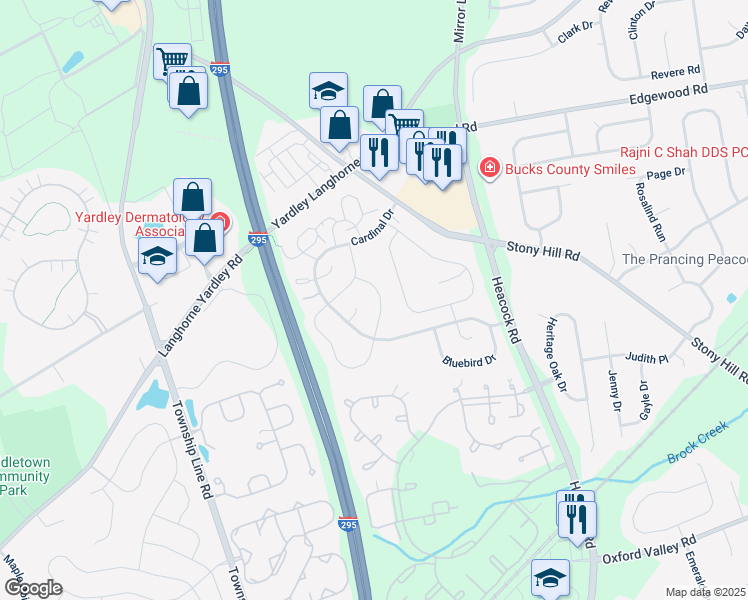 map of restaurants, bars, coffee shops, grocery stores, and more near 625 Wrensong Road in Yardley