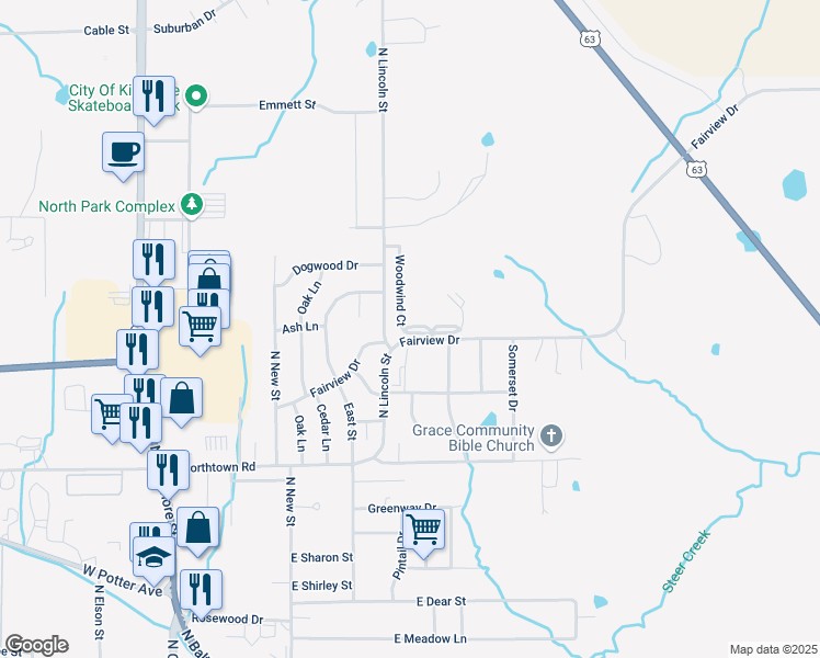 map of restaurants, bars, coffee shops, grocery stores, and more near 3003 Woodwind Ct in Kirksville