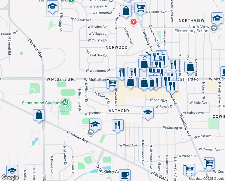 map of restaurants, bars, coffee shops, grocery stores, and more near 3025 North Oakwood Avenue in Muncie