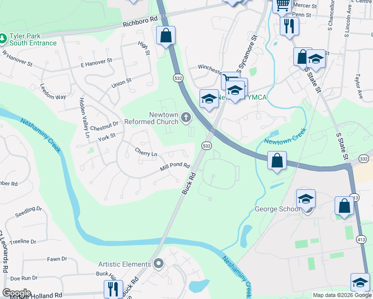 map of restaurants, bars, coffee shops, grocery stores, and more near 54 Hillcroft Way in Newtown