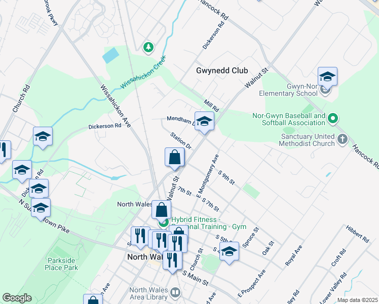 map of restaurants, bars, coffee shops, grocery stores, and more near 102 Station Drive in North Wales