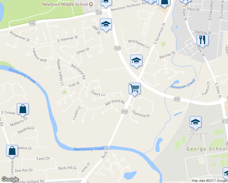 map of restaurants, bars, coffee shops, grocery stores, and more near 31 Hillcroft Way in Newtown