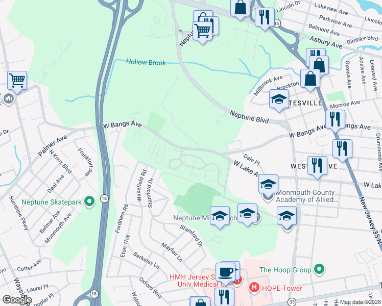 map of restaurants, bars, coffee shops, grocery stores, and more near 207 Alpine Trail in Neptune City