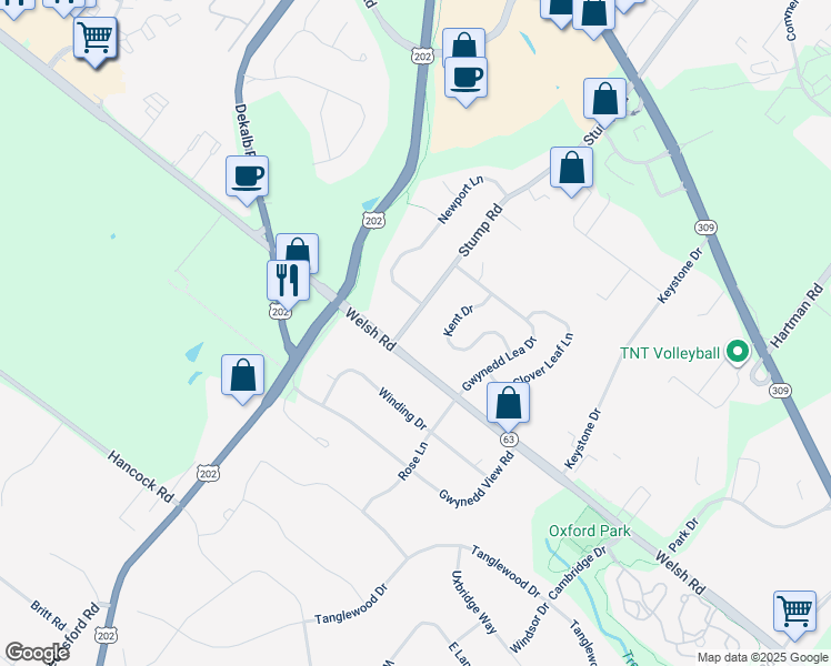 map of restaurants, bars, coffee shops, grocery stores, and more near 104 Stump Road in North Wales